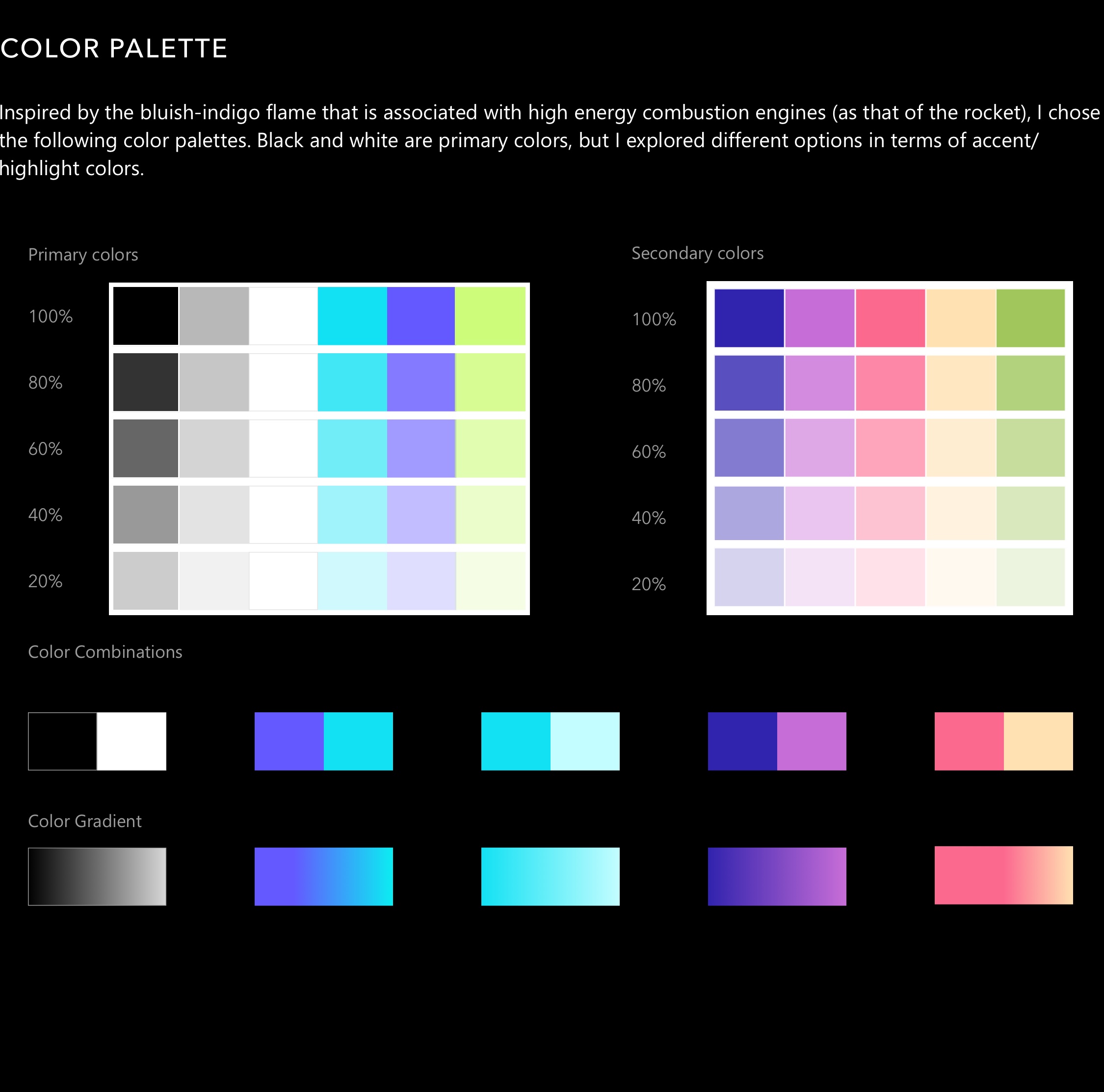 Identity System: Color Palette. Inspired by the bluish-indigo flame that is associated with high energy combustion engines (as that of the rocket), I chose the following color palettes. Black and white are primary colors, but I explored different options in terms of accent/highlight colors.