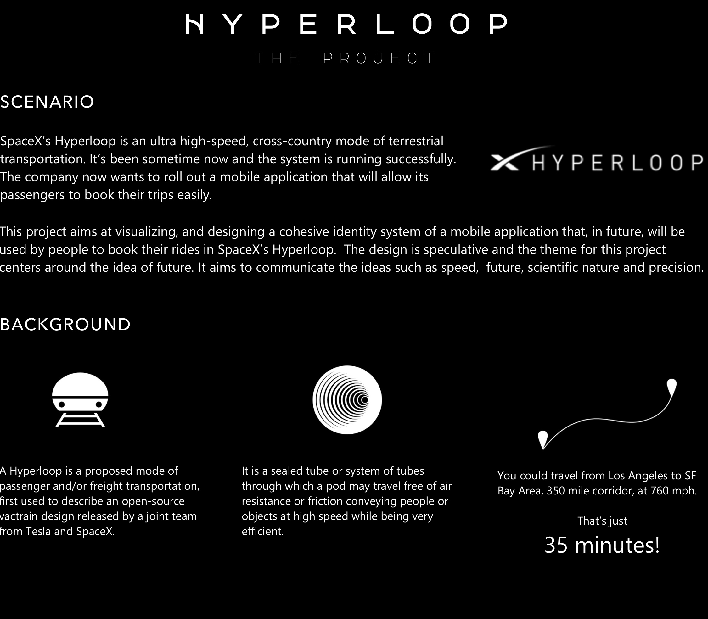 Hyperloop Project Summary: This project aims at visualizing, and designing a cohesive identity system of a mobile application that, in future, will be used by people to book their rides in SpaceX’s Hyperloop.  The design is speculative and the theme for this project centers around the idea of future. It aims to communicate the ideas such as speed,  future, scientific nature and precision.